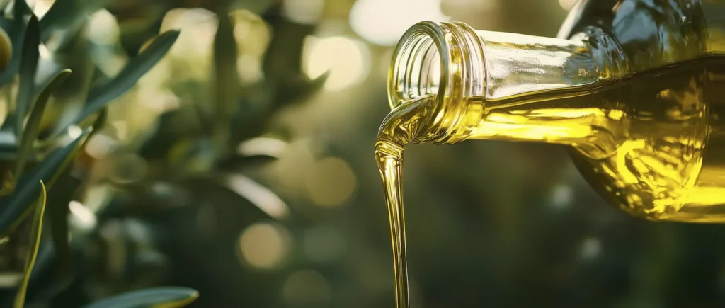 A close-up of a glass bottle pouring golden olive oil, set against a blurred background of green leaves and soft light, evoking freshness and purity.