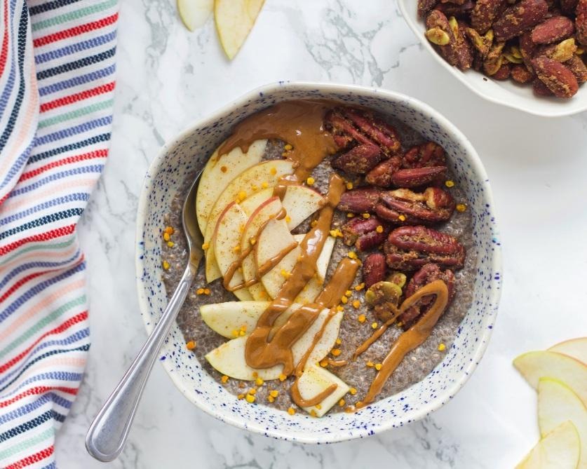 Breakfast recipes for longevity. Warm apple chia pudding.