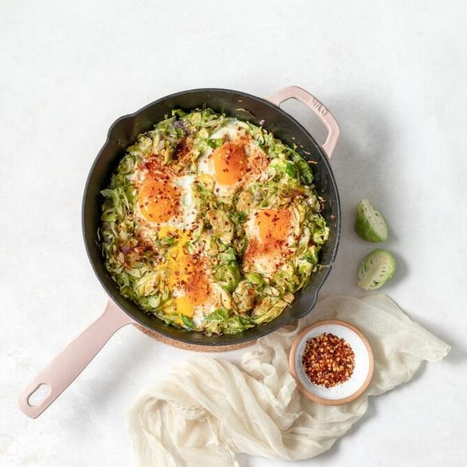 Breakfast recipe for longevity. Spicy shredded Brussels sprouts eggs indigo.